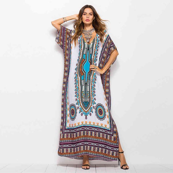 

women's summer boho casual long plus size v-neck short sleeve south american style printing dress robe beach skirt loose sundres, Black;gray