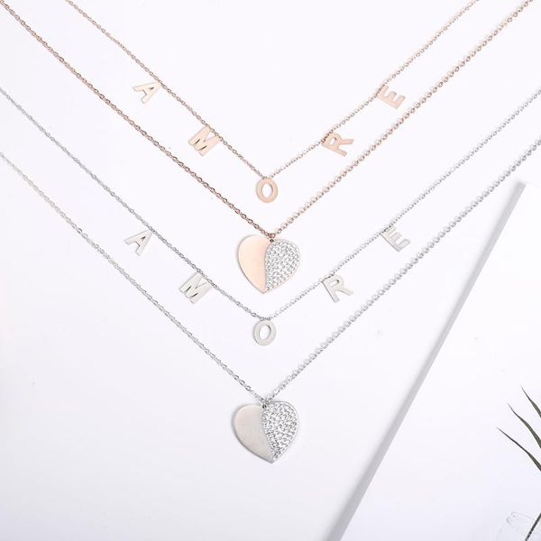 

pendant necklaces double layer necklace crystal heart letter amore stainless steel for women wedding party gifts trendy jewelry wholesale, Silver
