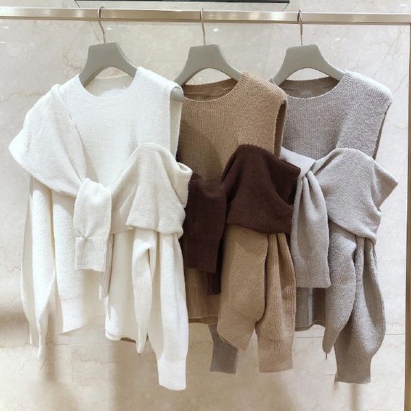 

women's sweaters japanese elegant o-neck sweater women off-shoulder long sleeve loose knit pullovers chic contrast color sweet pull fem, White;black