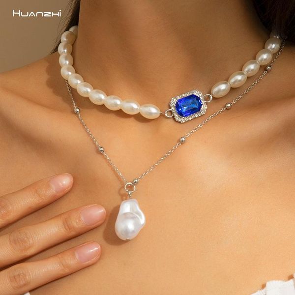 

chains huanzhi 2021 vintage baroque pearl colorful rhinestone multilayer necklaces pendant clavicle chain for women girls party jewelry, Silver
