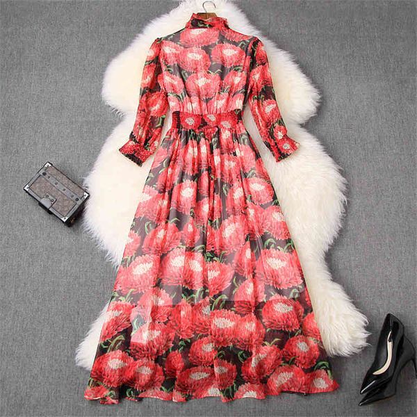 

woman clue spring fashion collared archery clothes print mid-calf aline beach chiffon dress feminine, Black;gray