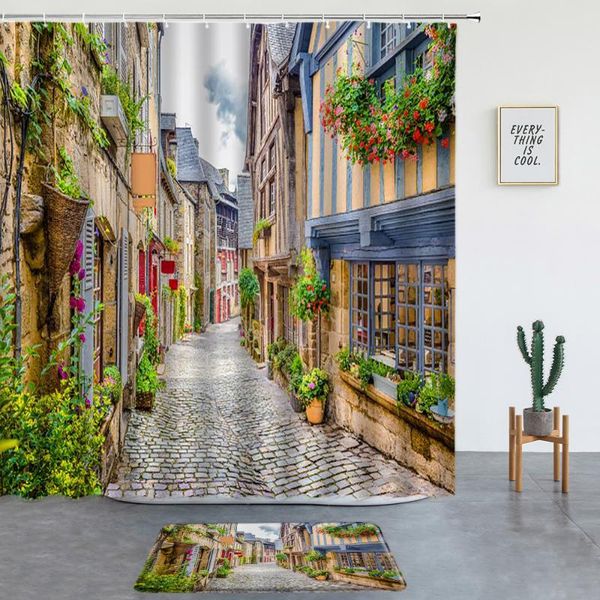 

shower curtains street architecture landscape set non-slip rugs bath mats flower plant bathroom decor screen entrance door mat