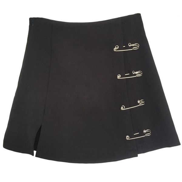 

flectit punk rock style safety pin a-line mini skirt with side split high waisted collins skirt women harajuku street wear 210401, Black