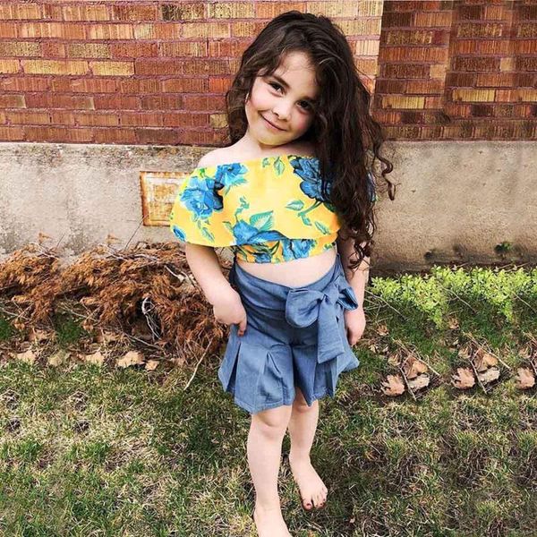 

toddler kids baby girls summer floral +denim ruffled bow shorts outfits set girl clothes ropa niÃ±a meisjes kleding clothing sets, White