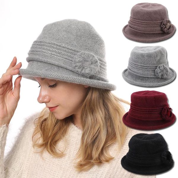

stingy brim hats women's wool knitted warm bucket hat female lady autumn winter ultra-thick all-match fashion fedora casual madam cap, Blue;gray