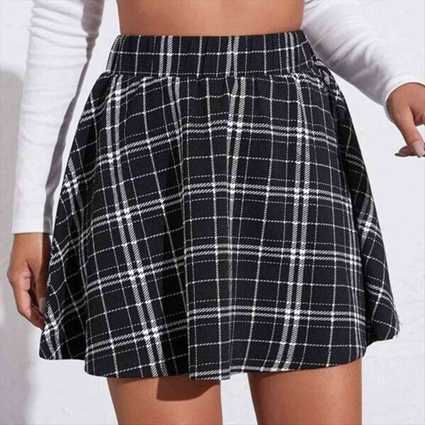 

elastic waist skater plaid saias womens skirt mulher jupe femme e girl, Black