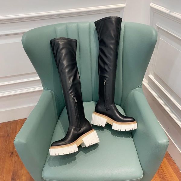 

boots women shoes winter large size slip on round toe high heels genuine leather stretch platform over the knee zapatos de mujer, Black
