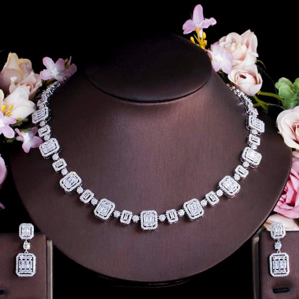 

threegraces sparkling cubic zirconia silver color geometric square necklace earrings bridal wedding jewelry set for brides tz616 h1022