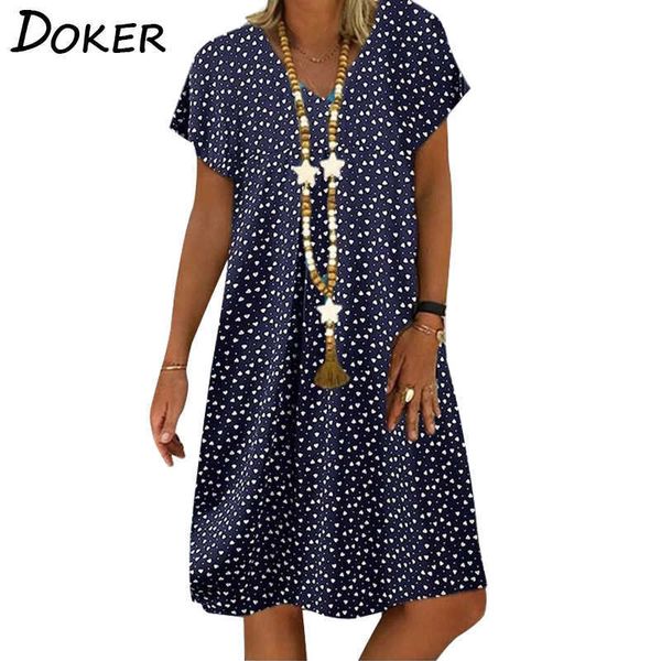 

v neck round dim sum print short-sleeved women dresses casual big swing beach party plus size female 210604, Black;gray