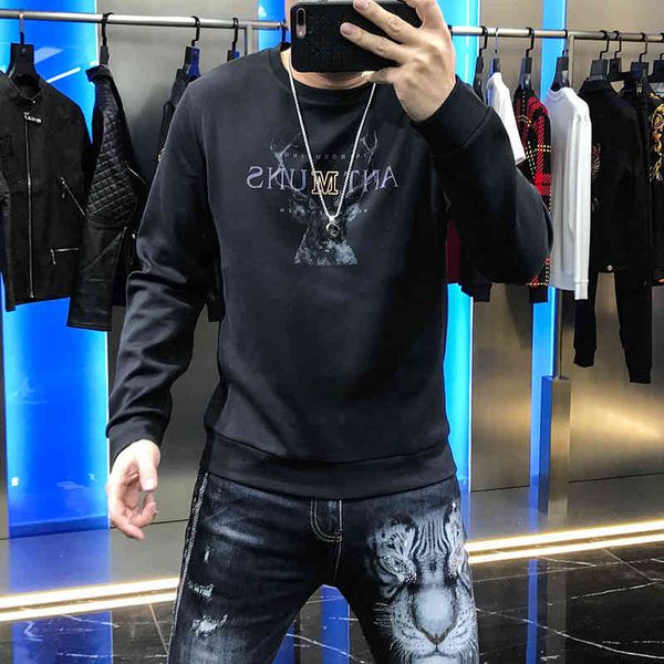 

hoodies male korean simple, versatile and beautiful character elk offset letter fine fashion adjustment autumn sweater, Black