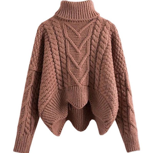 

thickened sweater women mixed knit asymmetrical hem sweater irregular crop loose twist knitted pullover turtleneck sweater 210419, White;black