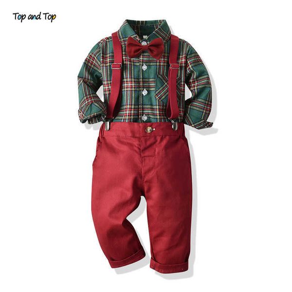 Abiti Top e Top Toddler Boys Set di abbigliamento Autunno Inverno Bambini Camicia formale Top + Pantaloni con bretelle 2PCS Suit Abiti natalizi per bambiniHKD230704