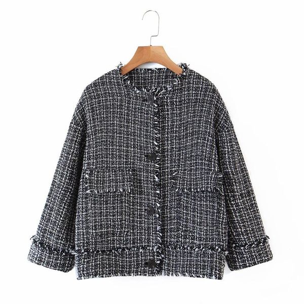 

vintage woman plaid tassel short jacket fashion ladies autumn crew neck loose coat female mixed color outerwear 210515, Black;brown