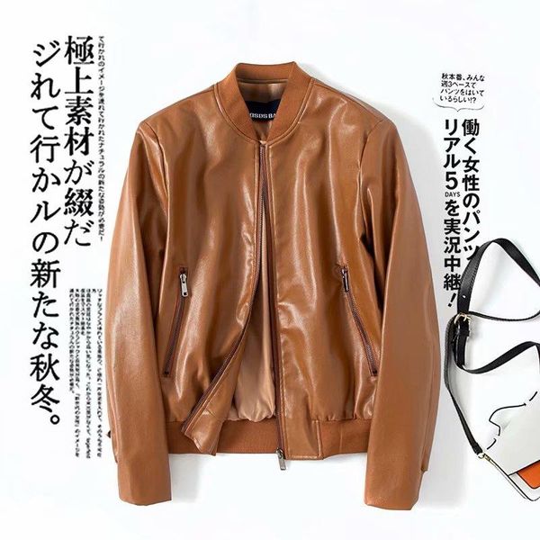 

women's leather & faux brand women spring autumn pu jacket casual slim soft moto biker female coat basic streetwear, Black