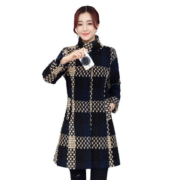 

women's wool & blends plaid woolen coats female medium long 2021 autumn winter korean slim slimming mother plus cotton windbreaker coat, Black