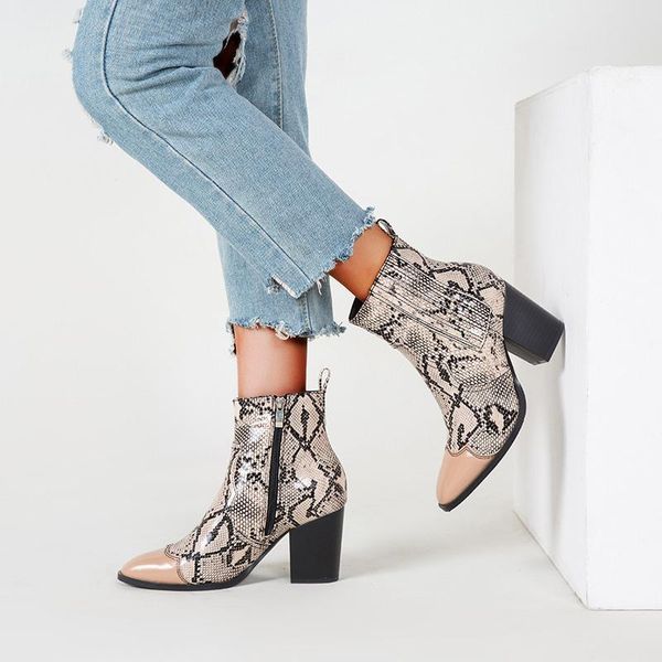 

boots fashion women ladies shoes snakeskin zipper block heels ankle pu leather autumn female footwear elegant, Black