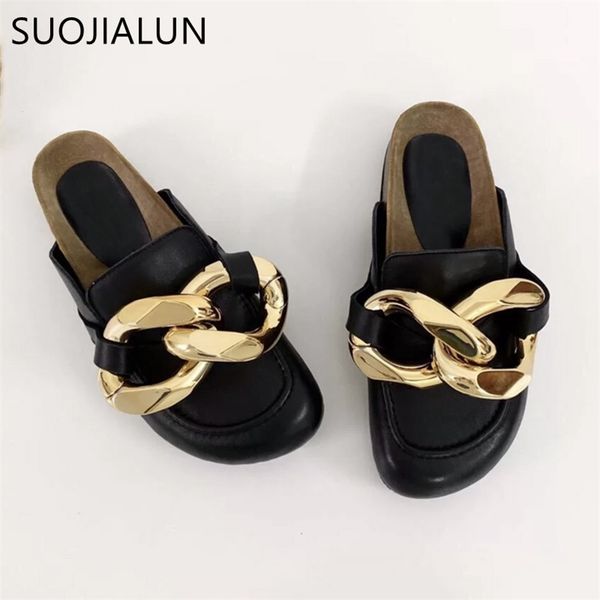 

suojialun brand design women slipper fashion big gold chain sandals shoes round toe slip on mules flat heel casual slides flip f 210805, Black