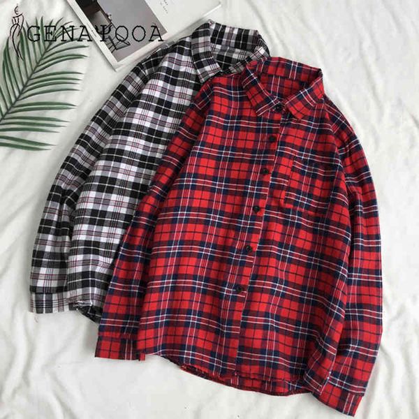 

genayooa woman long sleeve red plaid women blouse cotton femme korean style casual loose shirt blouses 210417, White