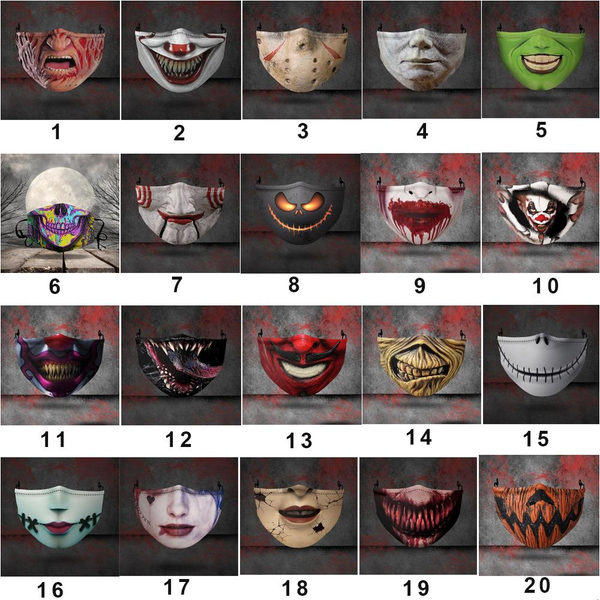 

20 styles halloween scary face mask dust-proof anti-fog pm2.5 breathable washable adjustable 3d protective face masks