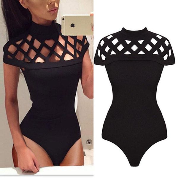 

fashion womens leotard bodycon bandage jumpsuit romper short sleeve bodysuit hollow out women's jumpsuits & rompers, Black;white