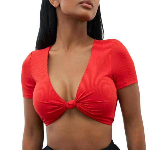 

yoga outfit women's shirt deep v neck knot front crop short sleeve basic casual fitness bow for femme