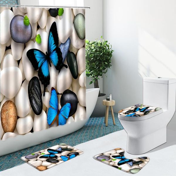 

shower curtains pebbles butterfly curtain zen stone lotus green bamboo bath mat non-slip flannel rug toilet cover bathroom set with hook