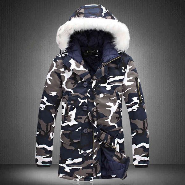 

male fur collar hooded wadded camouflage parkas mens military medium long winter coat thickening warm cotton-padded et, Black
