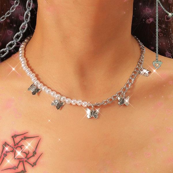

pendant necklaces y2k jewelry pearl chain stitching butterfly necklace for women beads vintage bohemian harajuku charms 90s aesthetic, Silver