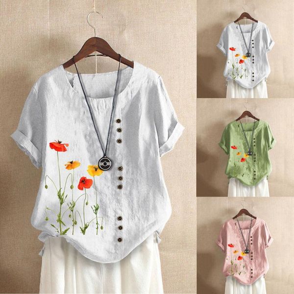 

women's t-shirt summer tee elegant printed 2021 vintage button o neck t shirt female short sleeve plus size #t1q, White