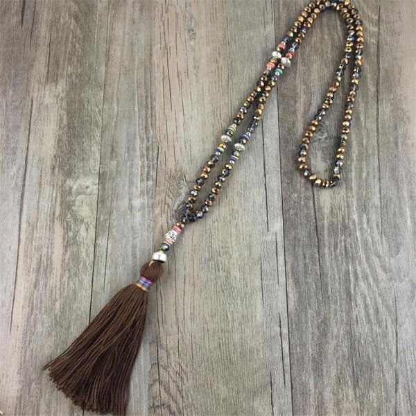 

pendant necklaces women crystal beads necklace metal buddha sweater chains bohemain ethnic long cotton tassel pendants, Silver