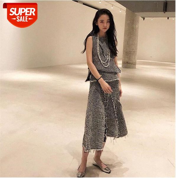 

~ tweed woolen two-piece suit women's plaid vest casual skirt set #fl4v, Black