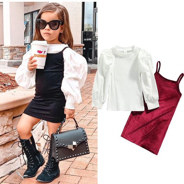 

clothing sets kids little girl dresses two pieces suit puff sleeve solid color pullover sweater and suspender dress outfit children's, White