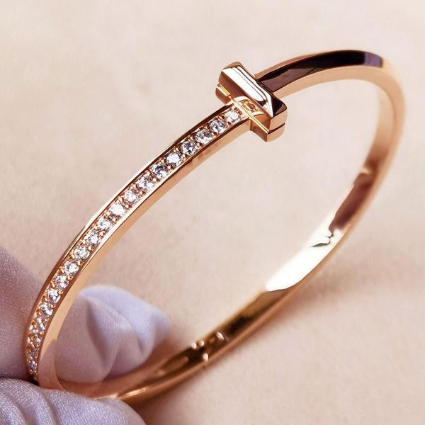

bangle luxury jewelry 1:1 logo tif classic rose gold color shining narrow t bracelet brand women, Black