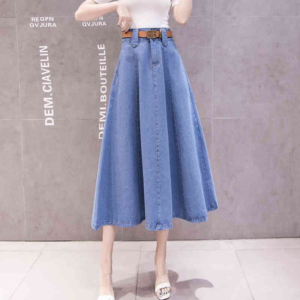 

skirts spring autumn blue denim a-line long pleated skirts with pockets, Black