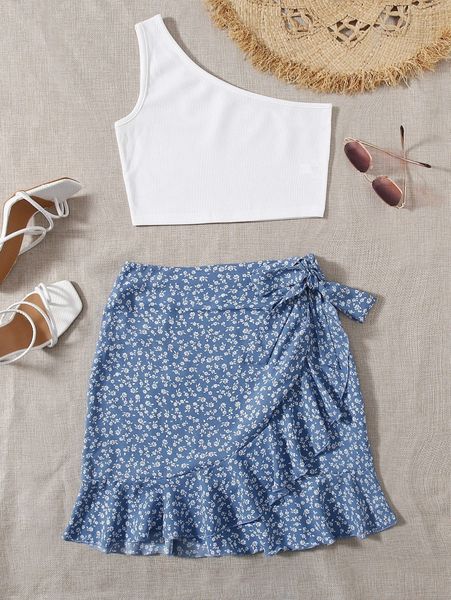 

one shoulder & ditsy floral wrap skirt u3cg#, White