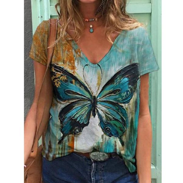 

shirt summer fashion women v-neck short sleeve butterfly printed casual loose t-shirt clothing camisetas de mujer women's, White
