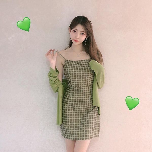 

casual dresses summer women sling dress slim backless avocado green plaid, Black;gray
