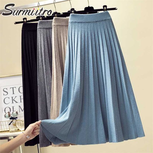 

surmiitro fashion autumn winter knitted midi long pleated skirt women korean style blue mid-length high waist skirt female 211120, Black