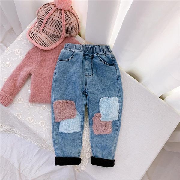 

autumn winter arrival girls fashion denim jeans kidsn warm fleece pants girl, Blue