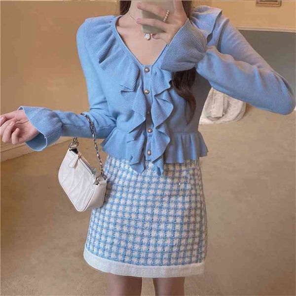 

autumn winter temperament skirt suit female trumpet sleeve v-neck ruffled sweater + fashionable plaid uk609 210507, White