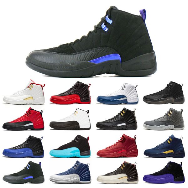 

with box 12s basketball shoes 12 for man black purple bulls dark grey fiba flu game french blue winterized wings utility university gold mic