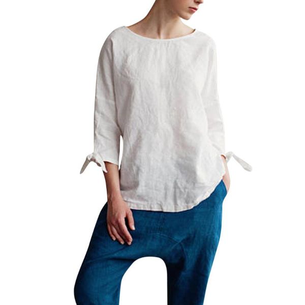

women casual kimono o-neck cotton linen with tie sleeve loose tunic blouse autumn winter camiseta mujer women's blouses & shirts, White