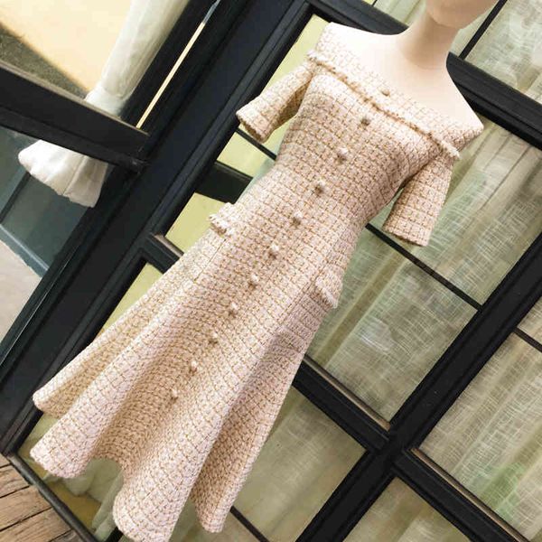 

casual dresses high-quality female plaid tweed 2021 elegant fall off the shoulder ed a575, Black;gray