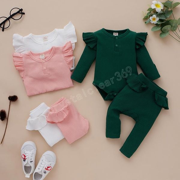 

kids clothing sets girls solid color outfits infant flying sleeve pit stripe romper +ruffle pants 2pcs/set spring autumn fashion baby clothe, White