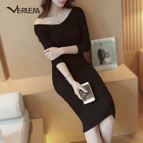 

casual dresses verlena fall 2021 streetwear long sleeve v-neck winter off shoulder bandage dress midi black stretchable knitted, Black;gray
