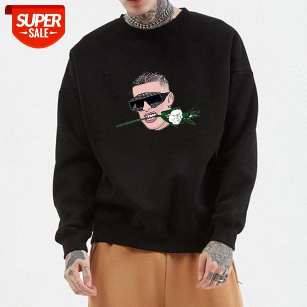 

badbunny bad bunny print round neck and velvet pullover sweatshirt black #bv07