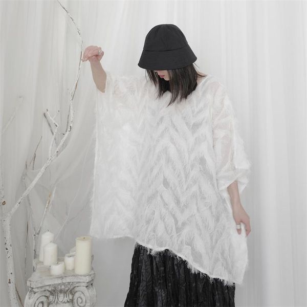 

women's t-shirt big size yamamoto style loose deconstruction fairy female xia personality design sense minority irregular half sle, White