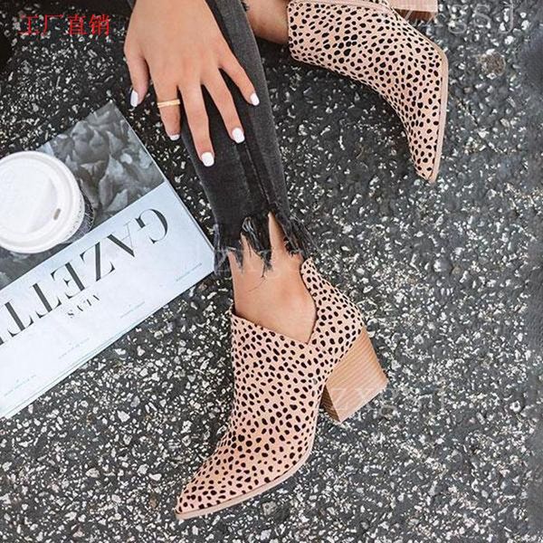 

boots women's fashion pointed leopard short with side zipper and thick heel, Black