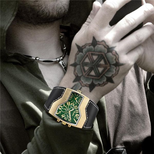 

wristwatches oulm 1220b square male clock two time zone casual men's sport watches punk style leather wristwatch drop, Slivery;brown