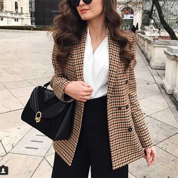 

fashion autumn women plaid blazers and jackets work office lady suit slim double breasted business female blazer coat talever 211019, White;black